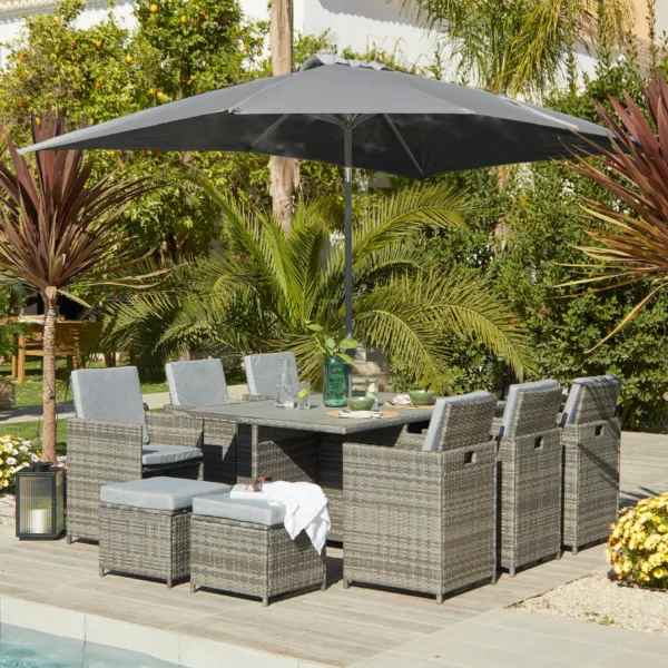10 Seater Rattan Cube Garden Dining Set with Grey Parasol - Grey Weave Polywood Top