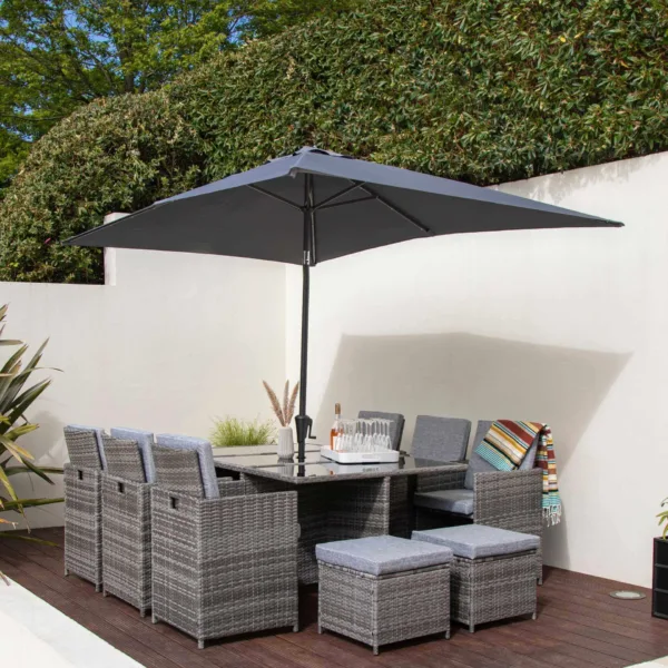 10 Seater Rattan Cube Garden Dining Set with Grey Parasol - Grey Weave