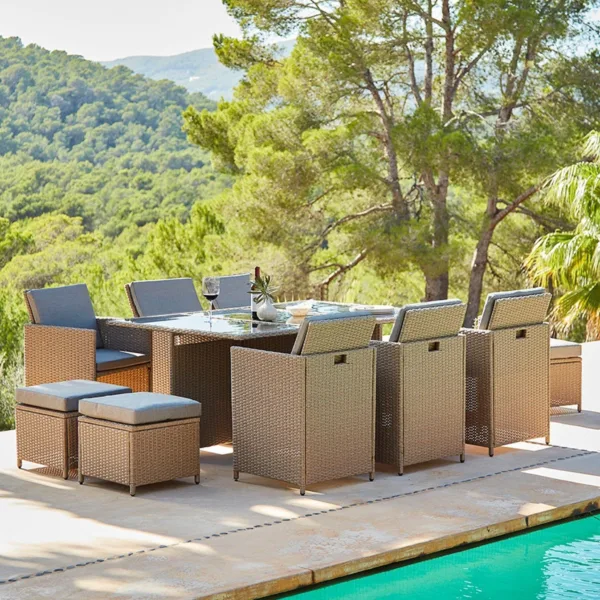 10 Seater Rattan Cube Outdoor Dining Set - Natural Brown Weave