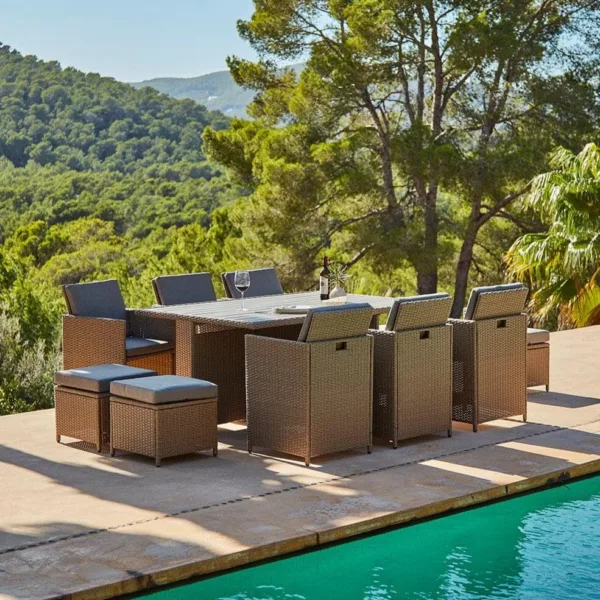 10 Seater Rattan Cube Outdoor Dining Set - Natural Brown Weave Polywood Top