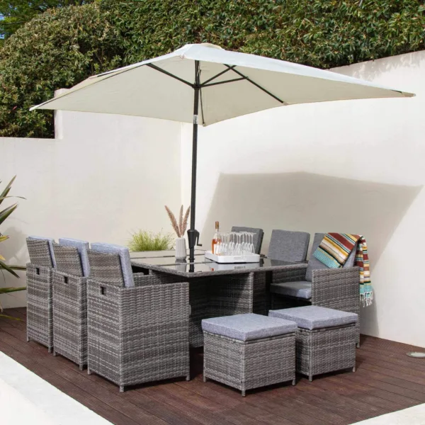 10 Seater Rattan Cube Outdoor Dining Set with Cream LED Premium Parasol - Grey Weave