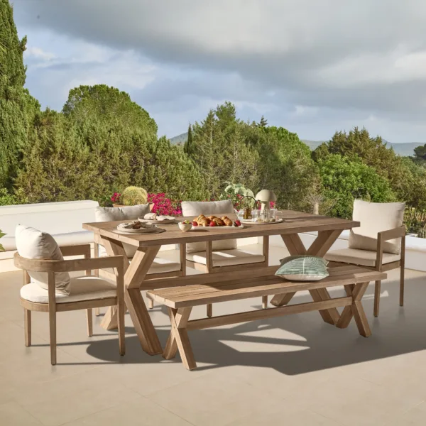 Charlotte 6 Seater Wooden Garden Dining Set with 4 Imani Dining Chairs & Charlotte Bench - Whitewash