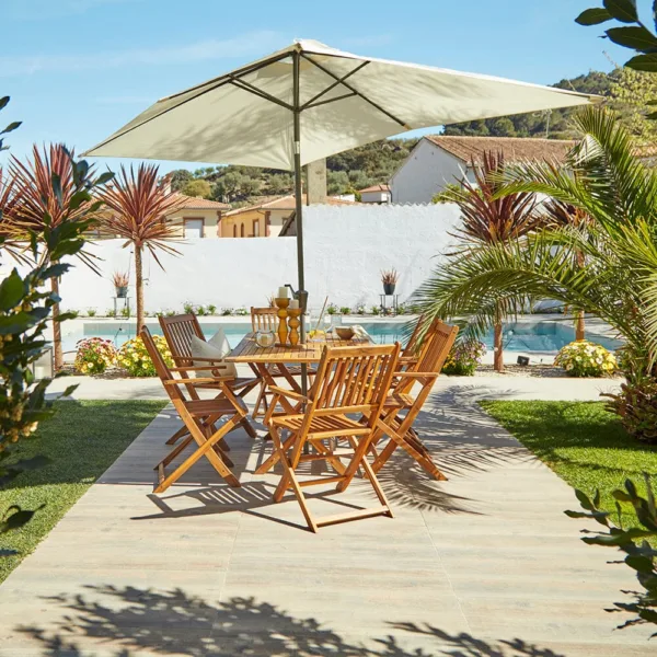 Ashby 6 Seater Wooden Garden Dining Set & Cream Parasol - 150cm