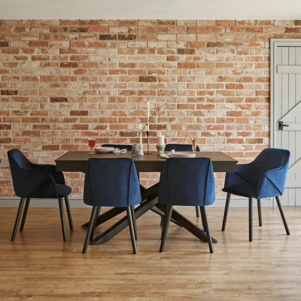 Amelia Black Extendable Dining Table Set - 6 Seater - Freya Blue Carver Chairs - Black Legs