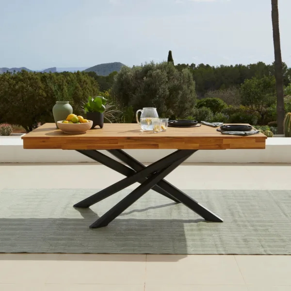 Amelia Natural Acacia Wood Garden Dining Table - Black Metal Legs