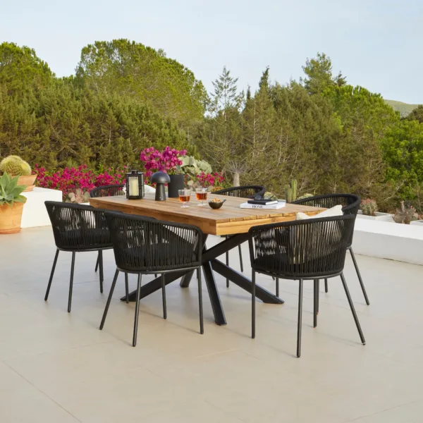 Amelia 6 Seater Natural Wood Black Legs Garden Dining Set - Hali Black Chairs