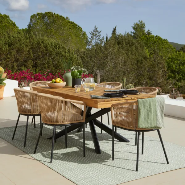 Amelia 6 Seater Natural Wood Black Legs Garden Dining Set - Hali Natural Chairs