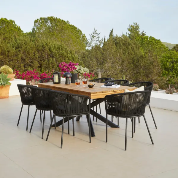 Amelia 8 Seater Natural Wood Black Legs Garden Dining Set - Hali Black Chairs
