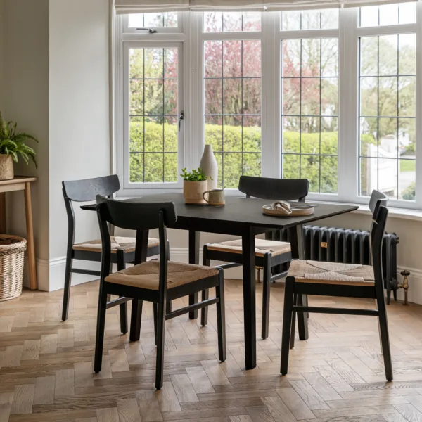 Charlie Black Oak Dining Table Set  - Extendable - 4 Seater - Faye Black Woven Dining Chairs