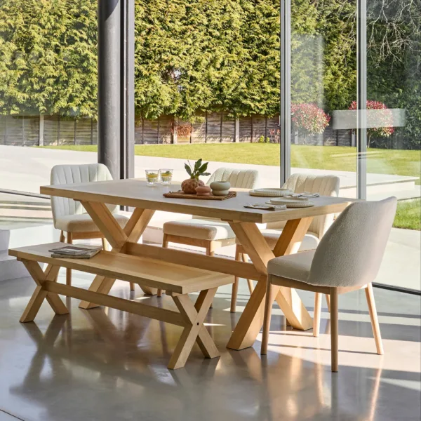 Charlotte Whitewash Dining Table Set - 6 Seater - Chloe Boucle Dining Chairs & Charlotte Bench