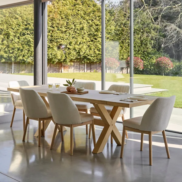 Charlotte Whitewash Extending Dining Table Set - 6 Seater - Chloe Light Beige Boucle Dining Chairs - Whitewash Legs