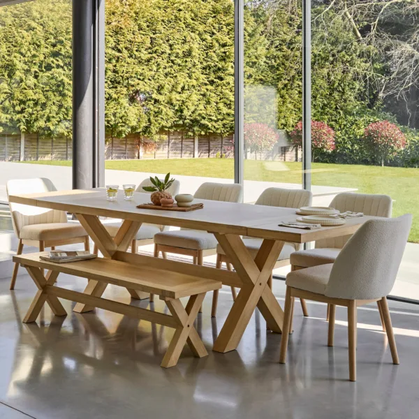 Charlotte Whitewash Extending Dining Table Set - 8 Seater - Chloe Boucle Dining Chairs & Charlotte Bench