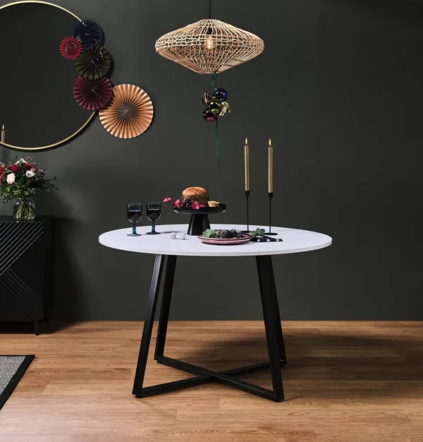 Clara Marble Effect Round Dining Table - Black Frame