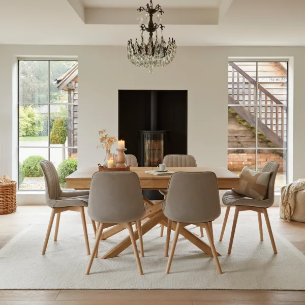 Amelia Whitewash Extending Dining Table Set - 6 Seater - Bella Soft Beige Dining Chairs - Whitewash Legs