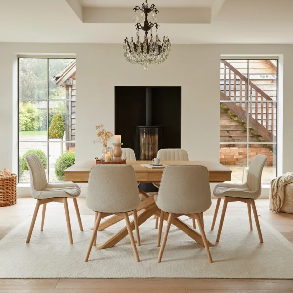 Amelia Whitewash Extending Dining Table Set - 6 Seater - Bella Light Beige Boucle Dining Chairs - Whitewash Legs