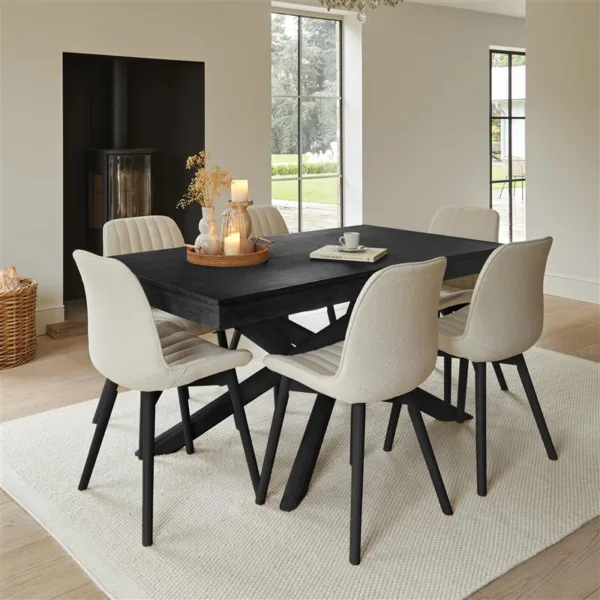 Amelia Black Extending Dining Table Set - 6 Seater - Bella Light Beige Boucle Dining Chairs - Black Legs