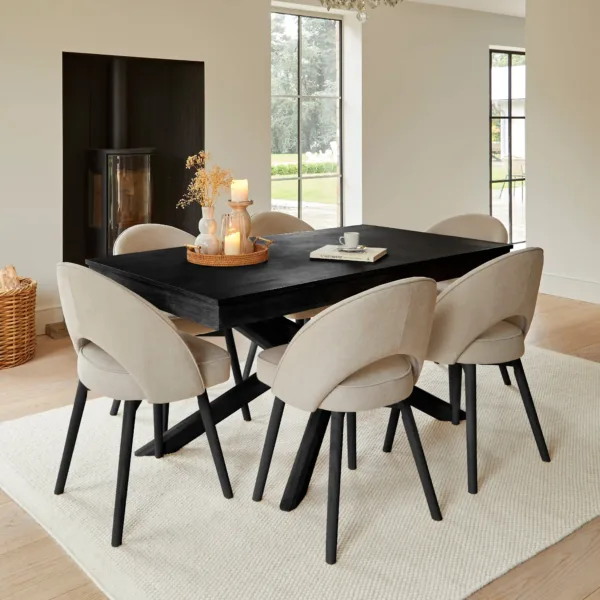 Amelia Black Extendable Dining Table Set - 6 Seater - Marilyn Soft Beige Dining Chairs - Black Legs