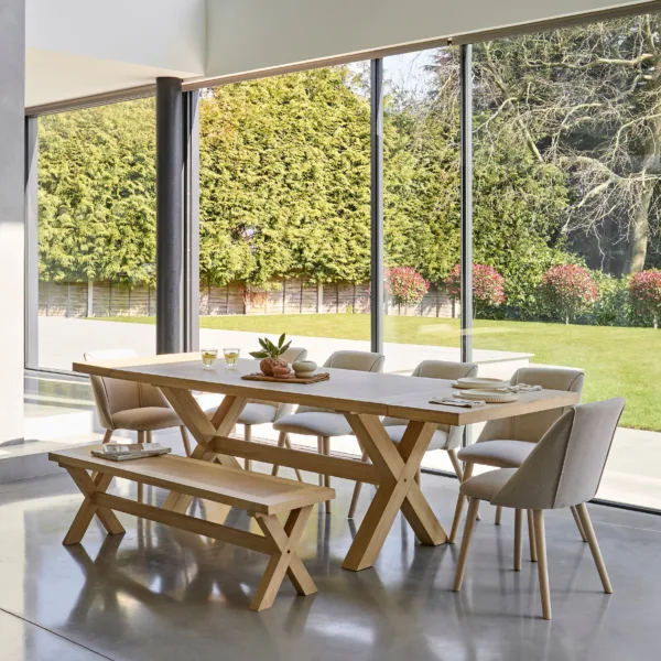 Charlotte Whitewash Extending Dining Table Set - 8 Seater - Freya Sand Dining Chairs & Charlotte Bench