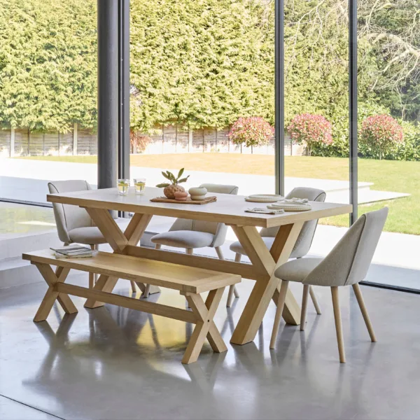 Charlotte Whitewash Dining Table Set - 6 Seater - Freya Sand Dining Chairs & Charlotte Bench