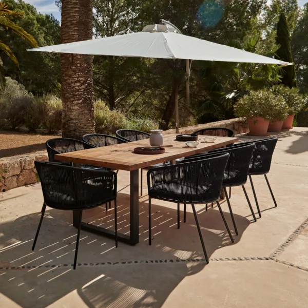 Hali 8 Seater Wooden Outdoor Dining Set with Hali Black Chairs & Cream Lean Over Parasol  - 235cm