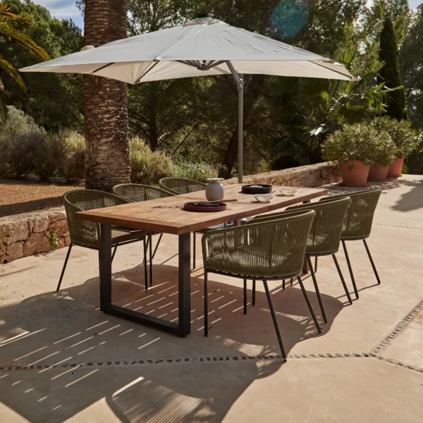 Hali 6 Seater Wooden Outdoor Dining Set with Hali Green Chairs & Cream LED Premium Cantilever Parasol - 235cm