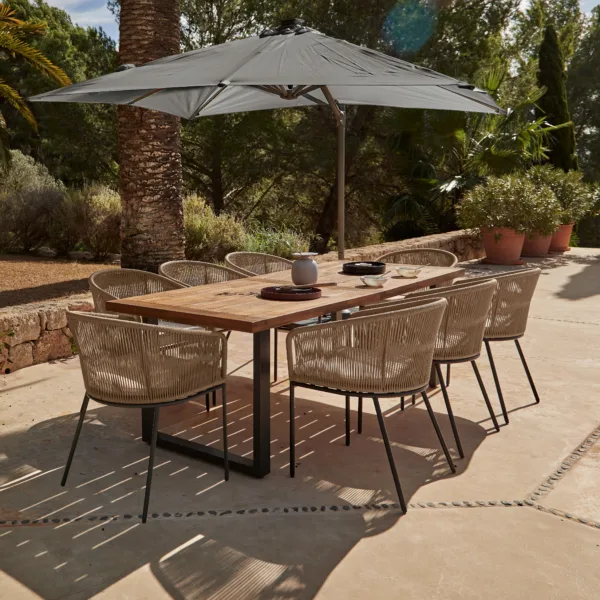 Hali 8 Seater Wooden Outdoor Dining Set with Hali Natural Chairs & Grey LED Premium Cantilever Parasol- 235cm