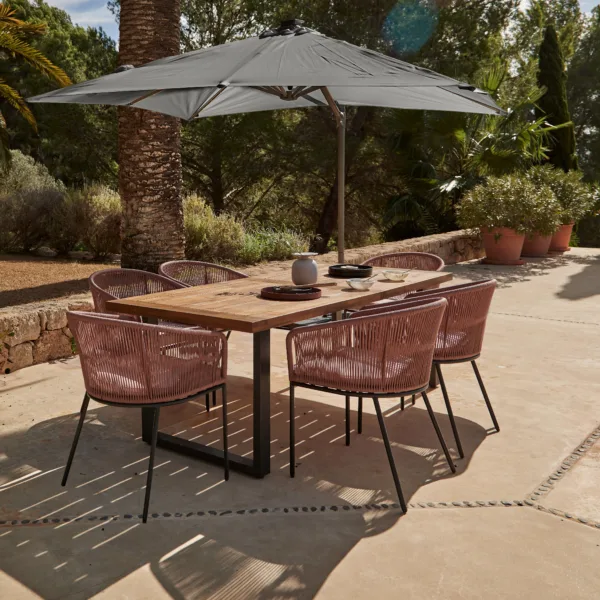 Hali 6 Seater Wooden Outdoor Dining Set with Hali Pink Chairs & Grey LED Premium Cantilever Parasol - 175cm