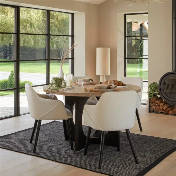 Jade Mango Wood Round Dining Table Set - 4 Seater - Freya Boucle Armchairs with Black Legs