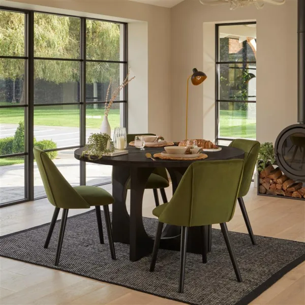 Jade Jet Black Round Acacia Dining Table Set - 4 Seater - Freya Fern Green Dining Chairs - Black Legs