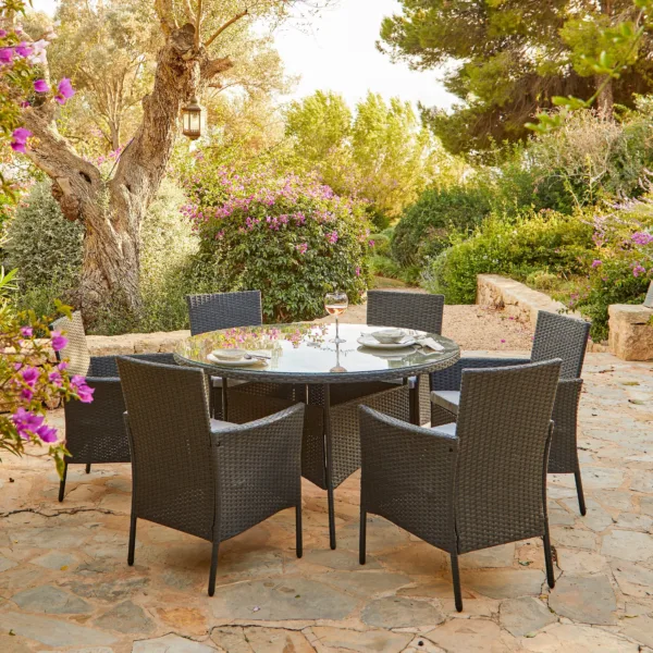 Kemble 6 Seater Rattan Round Garden Dining Table Set - Black