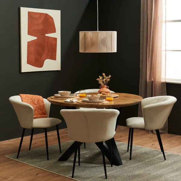 Levi Mango Wood Dining Set - 4 Seater - Cleo Boucle Dining Chairs with Black Legs