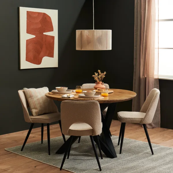 Levi Mango Wood Round Dining Table Set - 4 Seater - Dolly Boucle Dining Chairs - Black Legs