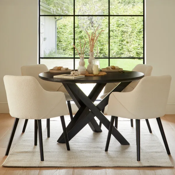 Levi Black Round Dining Table Set - 4 Seater - Freya Boucle Armchairs with Black Legs