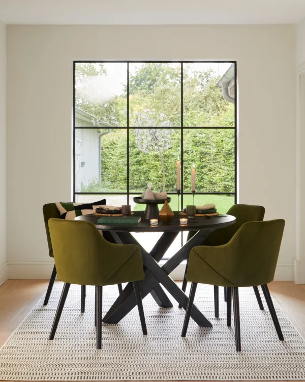 Levi Black Round Dining Table Set - 4 Seater - Freya Fern Green Armchairs with Black Legs