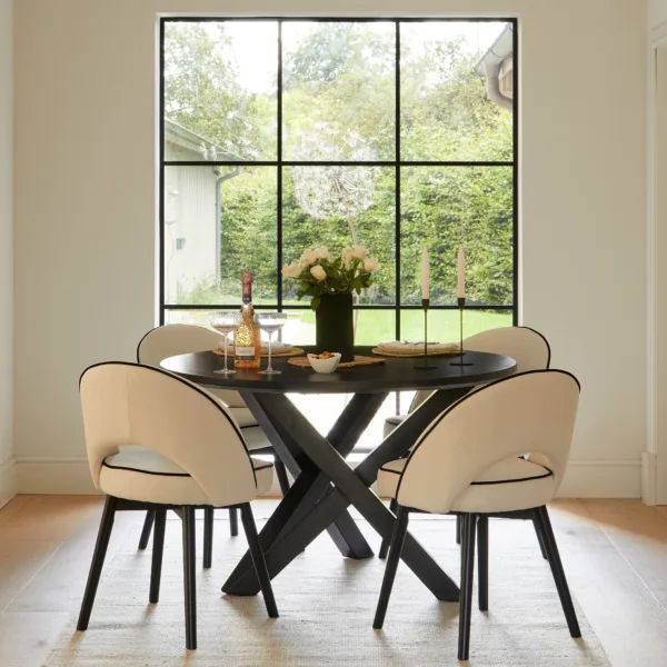 Levi Black Round Dining Table Set - 4 Seater - Marilyn Ivory Dining Chairs with Black Legs