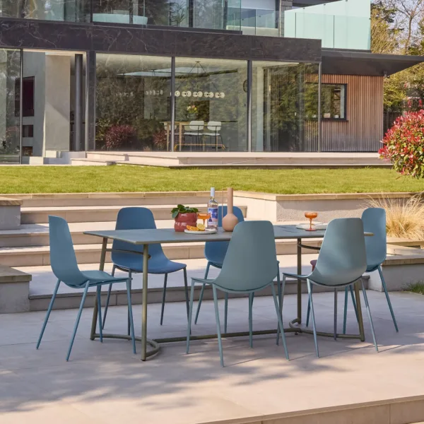 Wilder 6 Seater Metal Garden Dining Set with Wren Blue Chairs