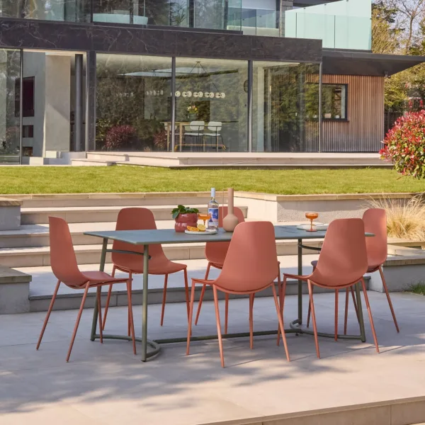 Wilder 6 Seater Metal Garden Dining Set with Wren Burnt Orange Chairs