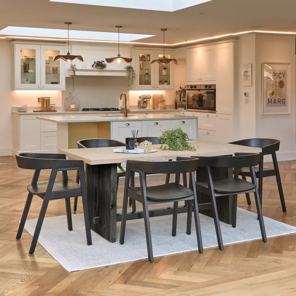 Priya 180cm Whitewash Oak with Black Oak Legs Dining Table & 6 Ella Armchair - Black Oak