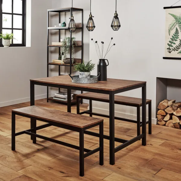 Sheffield Rich Oak Dining Table Set - 4 Seater - 2 Sheffield Benches - Matte Black Legs