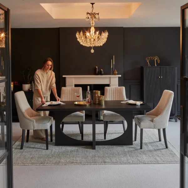 Jade Jet Black Rectangular Acacia Dining Table Set - 4 Seater - Nadine Marl Taupe Dining Chairs with Black Legs