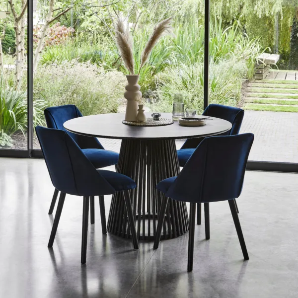 Willow Black Dining Table Set - 4 Seater - Freya Blue Dining Chairs - Black Oak Legs