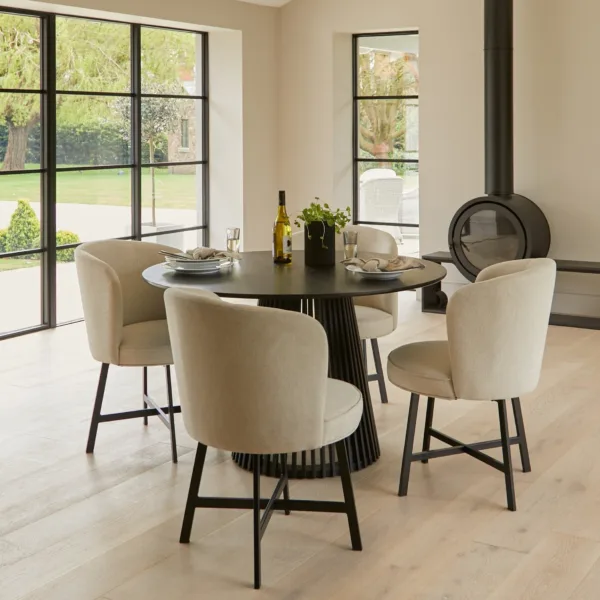 Willow Black Dining Table Set - 4 Seater - Jacob Sand Dining Chairs - Black Metal Legs