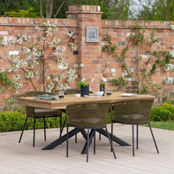 Amelia 4 Seater Natural Wood Black Legs Garden Dining Set - Hali Green Chairs