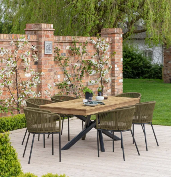 Amelia 6 Seater Natural Wood Black Legs Garden Dining Set - Hali Green Chairs