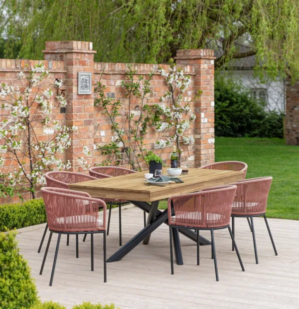 Amelia 6 Seater Natural Wood Black Legs Garden Dining Set - Hali Pink Chairs