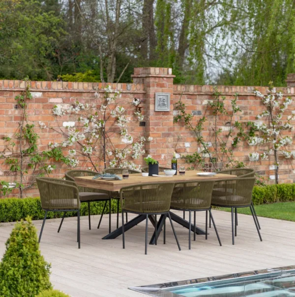 Amelia 8 Seater Natural Wood Black Legs Garden Dining Set - Hali Green Chairs
