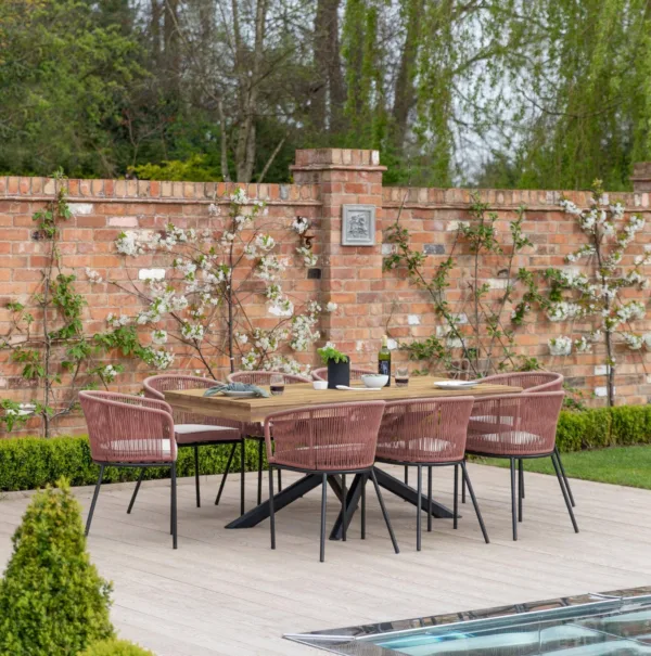 Amelia 8 Seater Natural Wood Black Legs Garden Dining Set - Hali Pink Chairs