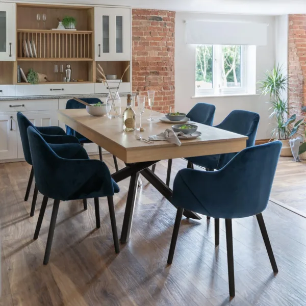 Amelia Whitewash Extendable Dining Table Set - 6 Seater - Freya Blue Carver Chairs - Black Legs