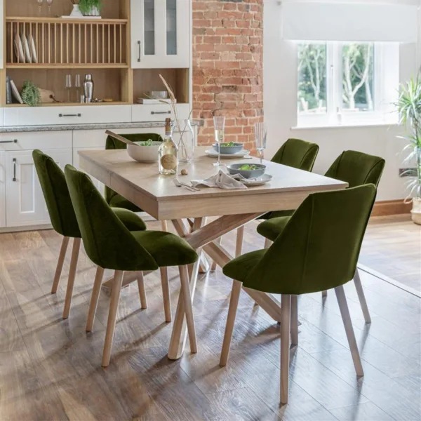 Amelia Whitewash Extendable Dining Table Set - 6 Seater - Freya Fern Green Dining Chairs - Whitewash Legs