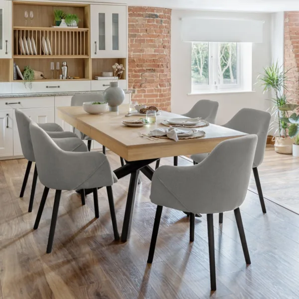 Amelia Whitewash Extendable Dining Table Set - 6 Seater - Freya Fossil Carver Chairs - Black Legs